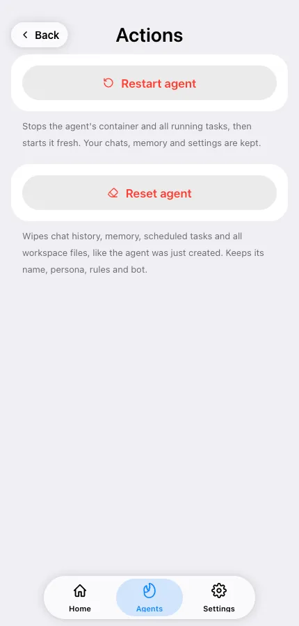 Handlinger-skjermen med Restart, Reset og Reconnect