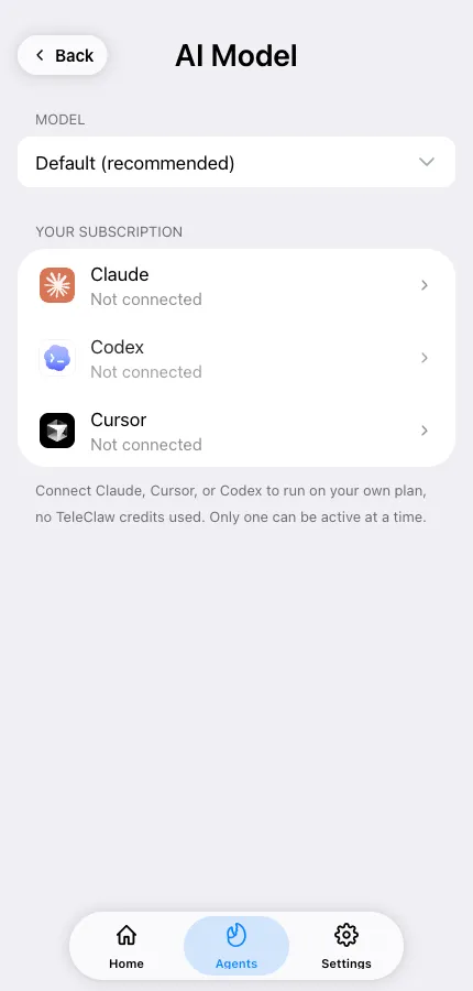 The AI Model screen with the model list and subscription harnesses