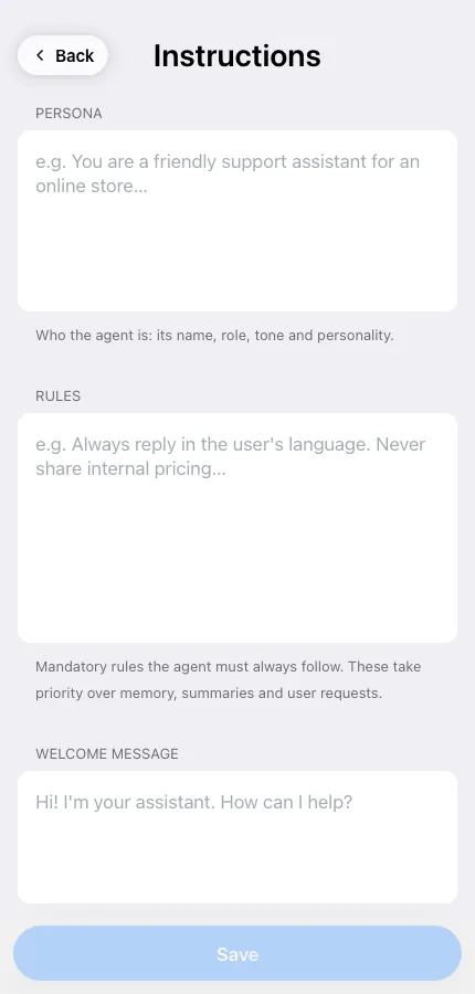 ช่อง Persona, rules และ welcome message